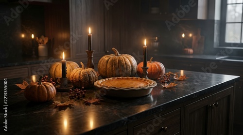 Pumpkin pie rests on a dark kitchen counter surrounded by seasonal gourds and glowing candlelight.