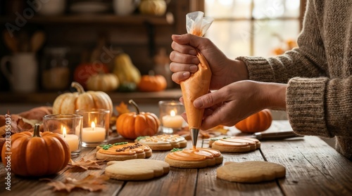 Baker decorating sugar cookies with orange icing using a piping bag in a cozy autumn kitchen.