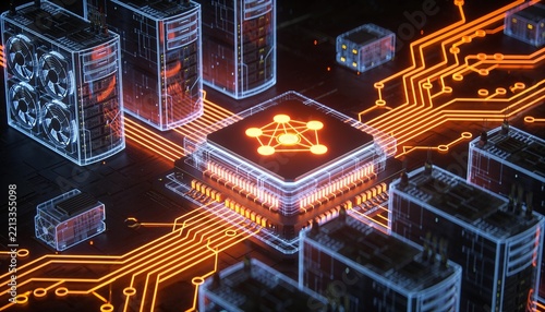 Isometric AI server facility with glowing orange neural symbol, holographic wireframe GPU racks and cooling units in neon circuitry on dark backdrop, high performance computing illustration