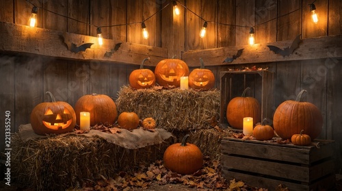 Halloween display of carved pumpkins and hay bales illuminated by string lights inside a wooden barn.