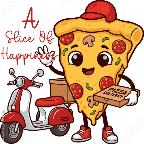 Cute pizza slice mascot delivering food by scooter, fast food restaurant delivery cartoon illustration