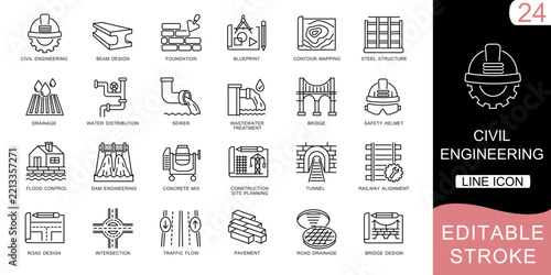 Civil Engineering Line Icons – Structural Design, Surveying, Construction and Infrastructure