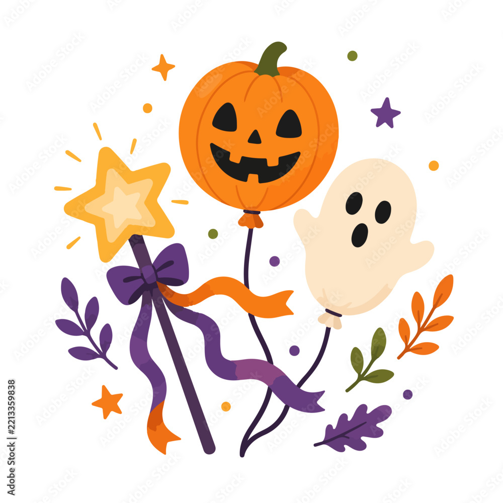 Fototapeta premium Cute Halloween Pumpkin Balloon Ghost And Wand Illustration