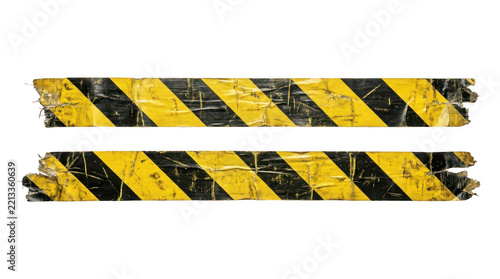 Two strips of worn yellow and black hazard warning tape with a textured surface, isolated on transparent background