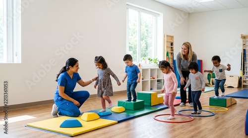 Early Childhood Obstacle Course: Children engage in a fun and developmental obstacle course activity guided by teachers in a bright and welcoming classroom setting.