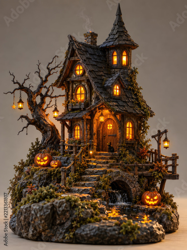  Miniature Black Haunted Witch House with Glowing Windows and Jack O Lanterns