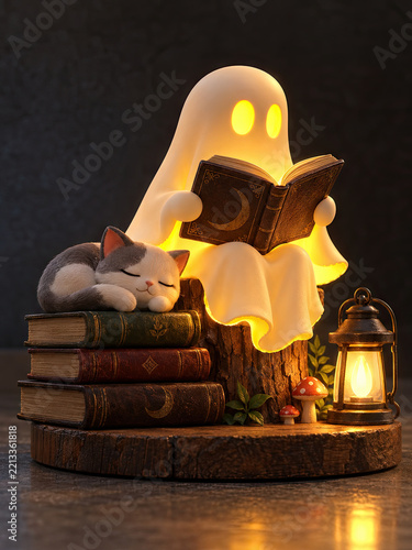 Cute Glowing Ghost Reading Spellbook Beside Sleeping Cat Figurine Night Light