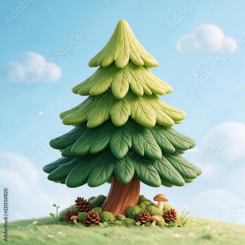 3D Stylized Clay Pine Tree with Pinecones and Mushrooms in Meadow Under Blue Sky