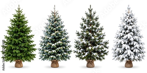 Four evergreen trees showing stages of winter snow accumulation isolated on white