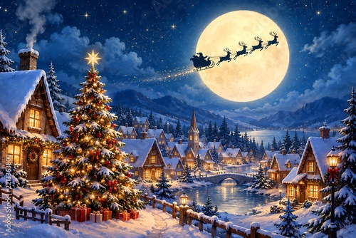 Festive winter village scene with santa claus and a bright full moon above