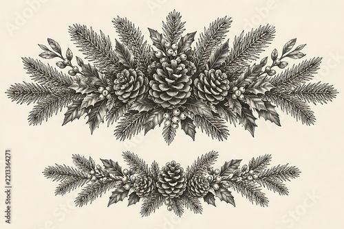 Vintage botanical illustration of fern fronds and delicate foliage in grayscale