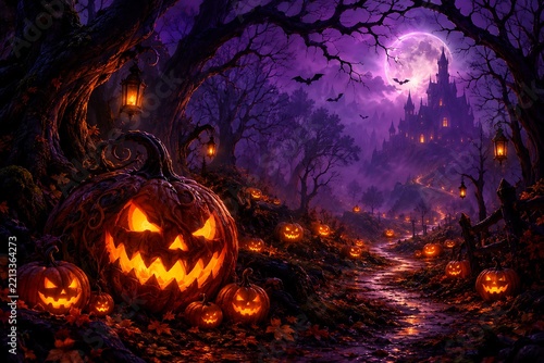 Spooky halloween night scene with a haunted house pumpkins and a full moon