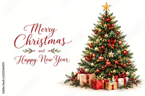 Festive christmas tree with ornaments and gifts against a white background with holiday greetings