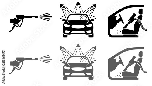 Car wash and interior cleaning icons set with pressure spray and vacuum Vector