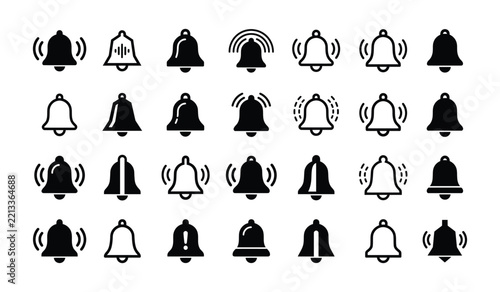 Set of black bell notification icons for web and mobile interface design