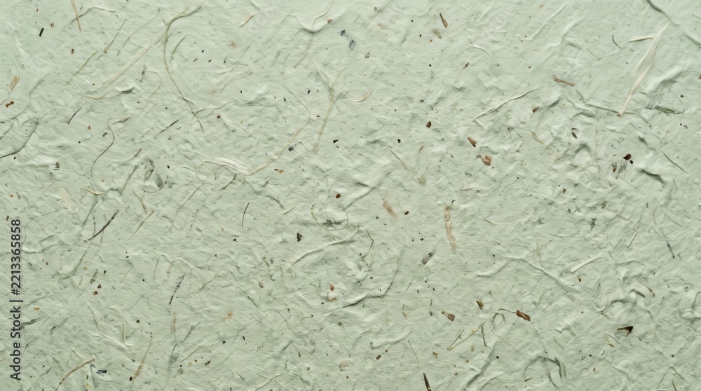 Fototapeta premium Pale green handmade recycled paper texture featuring fibrous organic plant inclusions and rough natural surface details