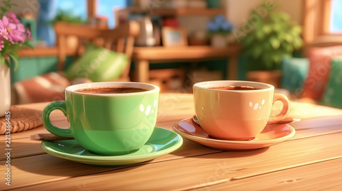 Two colorful ceramic cups filled with dark liquid sit on saucers upon a wooden table.