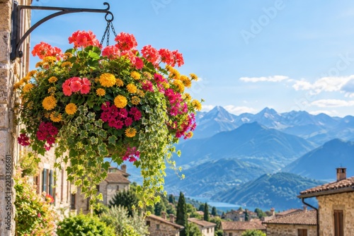 flower baskets brighten a mountain village street