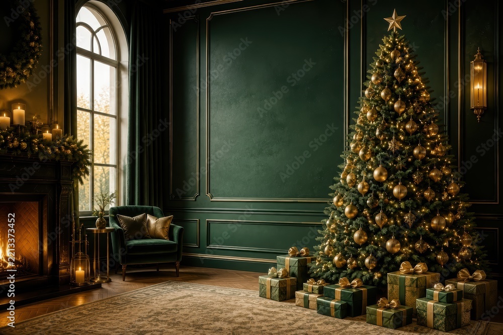 Obraz premium Elegant Christmas tree beside fireplace in luxurious green living room