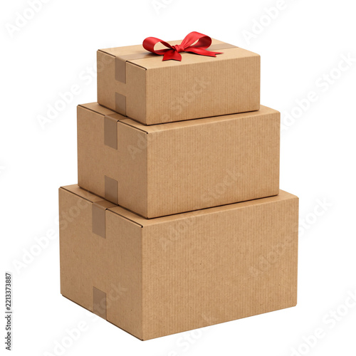 Stack of Three Brown Cardboard Boxes With Red Ribbon Bow Packages PNG on Transparent Background