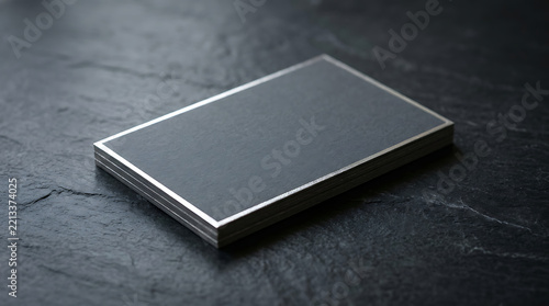 A stack of black business cards with metallic silver edges resting on a dark textured slate stone surface with soft dramatic lighting effects isolated on a transparent background