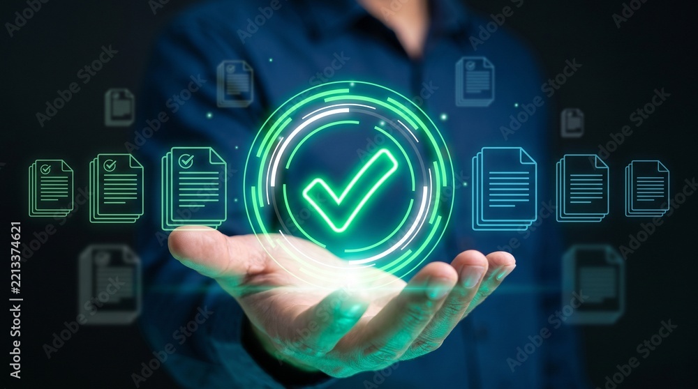 Obraz premium Data quality control and digital verification concept, analyst ensuring information accuracy, compliance validation, automated processes, data integrity, quality monitoring, and dependable systems
