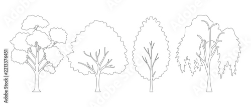 Simple architectural tree line art set with various canopy shapes and minimal outlines for landscape design, garden planning, architectural elevation, site plan and urban design.
