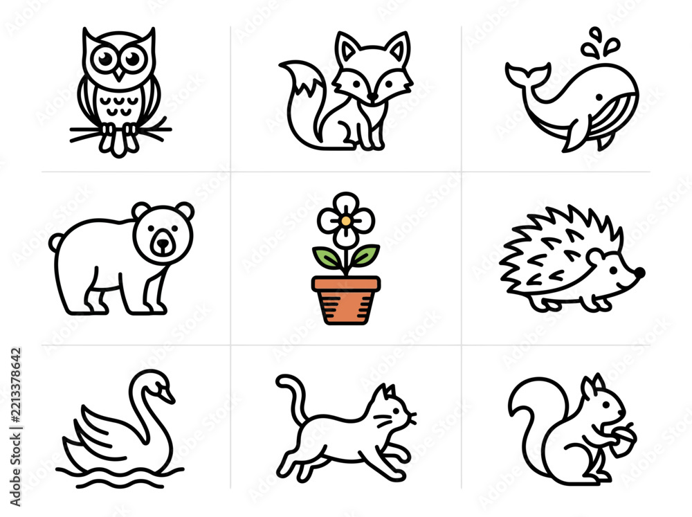 Obraz premium Cute Forest Animal Icons Set: Owl, Fox, Bear, Hedgehog, Squirrel, Swan, Cat, Whale