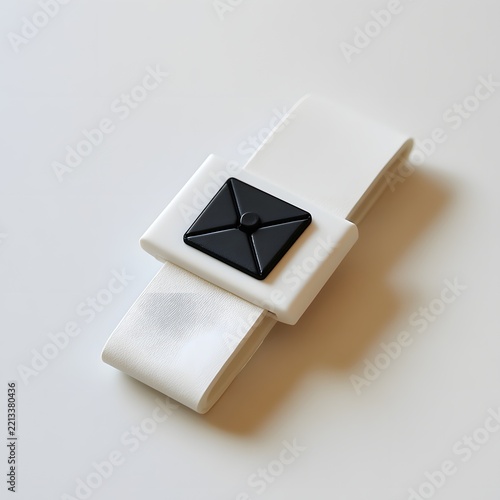 White wristband with black triangular button on minimal background