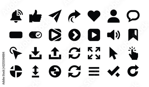 Set of black social media and web interface icons on a white background