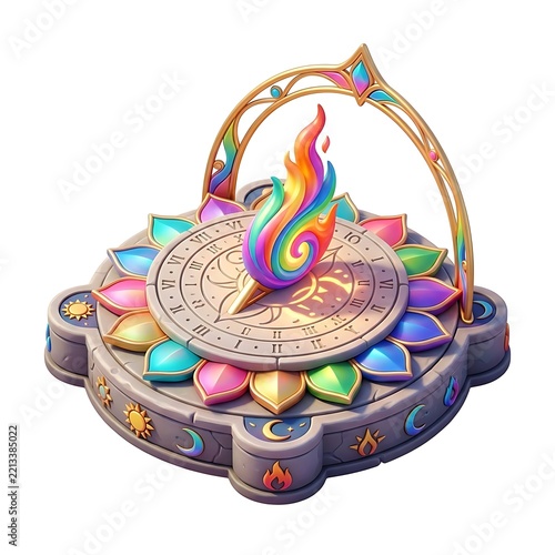 Ornate fantasy sundial with rainbow flame on white background