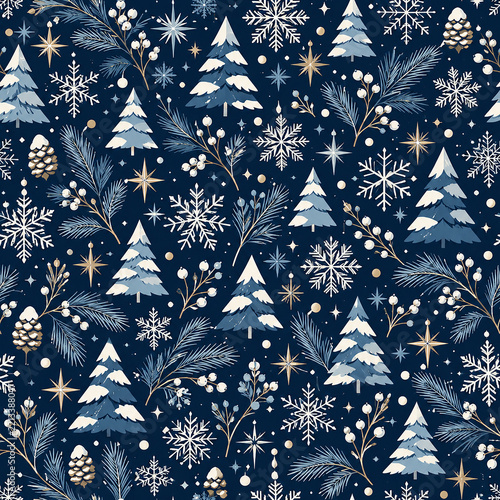 Navy Blue Winter Pattern Illustration: Elegant Snowflakes, Frosted Foliage, Stars, and Cozy Seasonal Elements in Deep Blue Tones