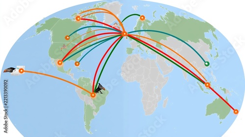 Global network of illustrated pathways connecting diverse locations across continents.