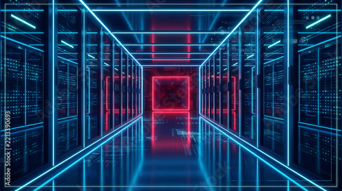 Futuristic server rack corridor glowing blue neon with red light. Futuristic modern cyber electronic innovation. network computing processing system, information database storage