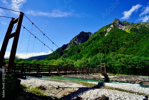 Scenic wooden suspension bridge over clear mountain river with dramatic alpine peaks under blue sky in Kamikochi, Nagano, Japan