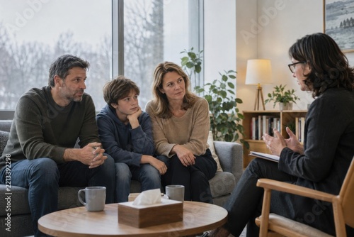 Four people, a family attending structured support counseling with a therapist, photographed in soft natural light, mental health concept