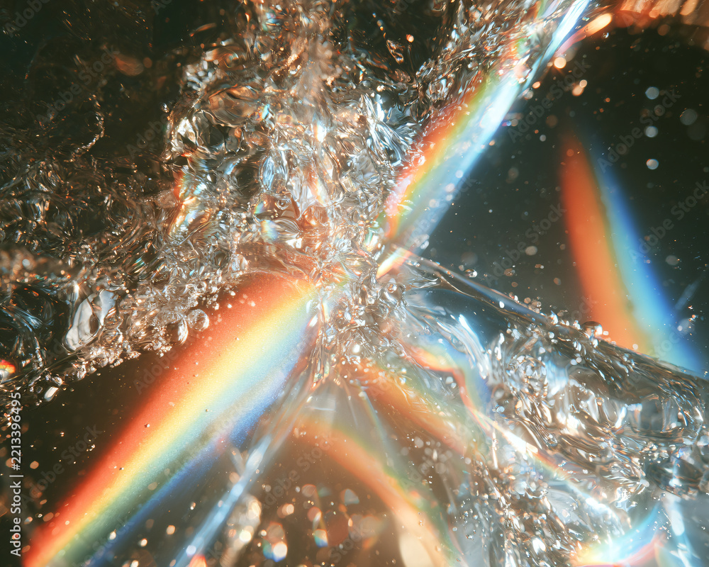 Fototapeta premium Macro view of shimmering water bubbles with iridescent rainbow light refraction