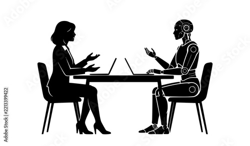 Woman and Humanoid Robot Working at Table with Laptops, Human AI Collaboration Vector Black and White