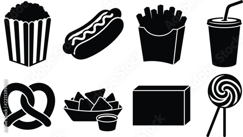 Obraz na plátně Vector silhouette collection of cinema concession snacks fast food hot dog frenc