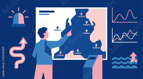 A climate scientist analyzing rising sea levels and global warming data on a digital map.
