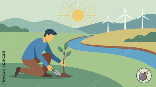 A man planting a young tree in a sustainable landscape with wind turbines and a river.