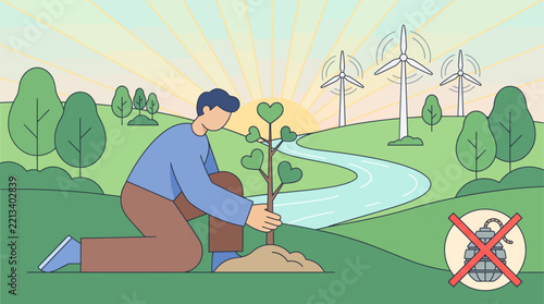 A person planting a young tree in a sustainable landscape with wind turbines and a river.