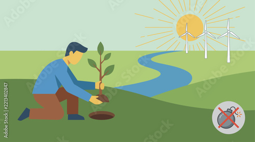 A person planting a young tree in a sustainable landscape with wind turbines and sun.