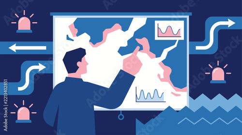 Professional analyst pointing at a digital map with data charts and warning signals.