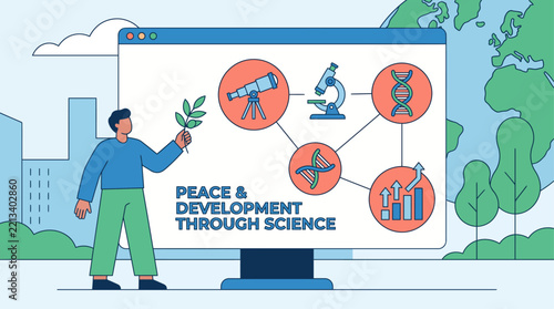 A flat vector illustration representing peace and development through scientific progress and global cooperation.