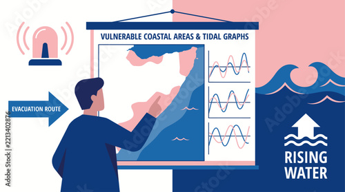 A man analyzing coastal vulnerability maps and tidal graphs during a climate change emergency.