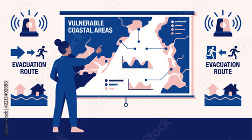 A woman presenting a map of vulnerable coastal areas with emergency evacuation signs and flood warnings.