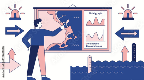 A person analyzing climate change data and rising sea levels on a map.