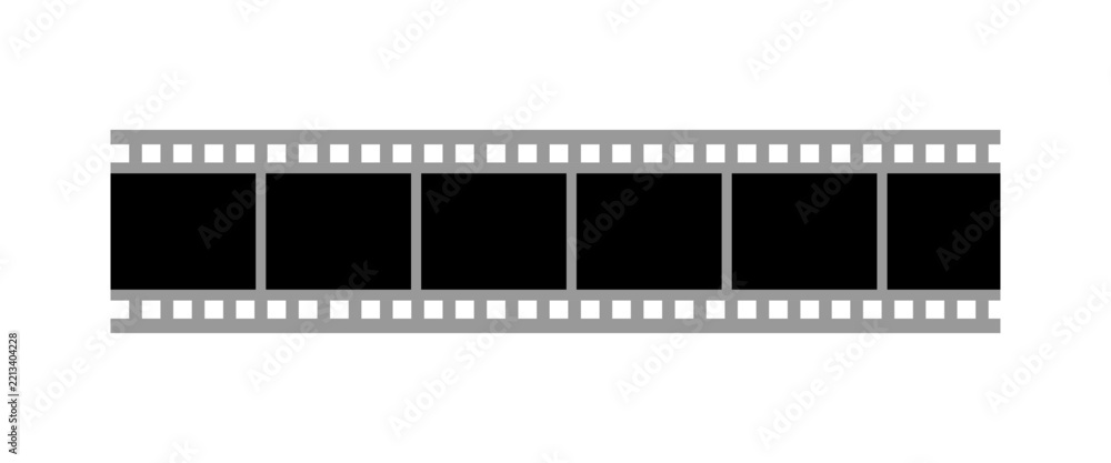 Fototapeta premium A gray film strip with seven frames is displayed on a white background