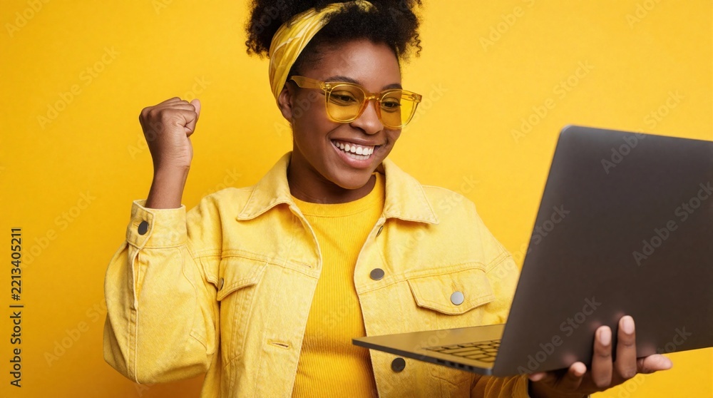 Fototapeta premium Happy young Black woman celebrates success looking at laptop screen. Excited girl wearing yellow glasses, denim jacket cheers in front of bright yellow background. Joyful female student wins online